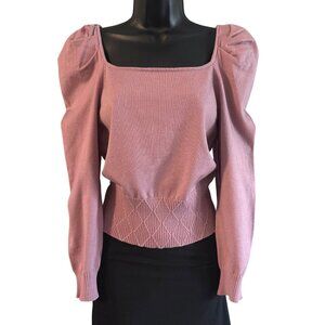 Lush Sweater M Square Neck Puff Sleeve Top Rose Pink Ribbed Hem Detail